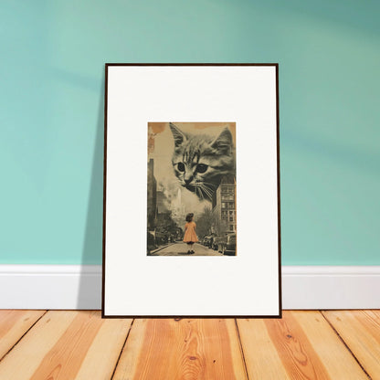 Framed canvas print of a giant cat over a city street, perfect for fun room decoration