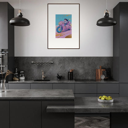 Modern kitchen with dark cabinets and a vibrant canvas print for stylish room decoration