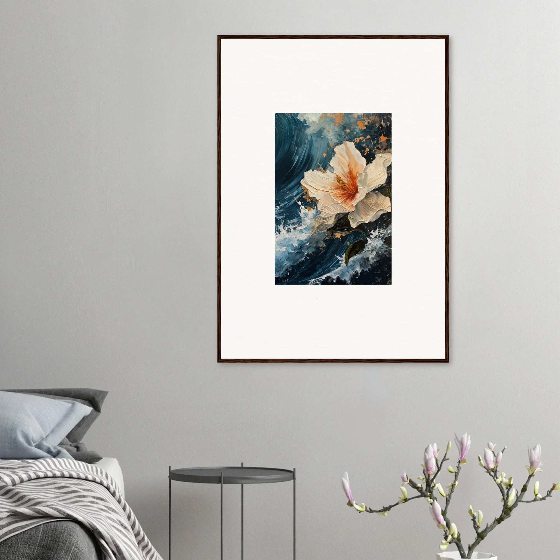 Framed watercolor of a peach flower for elegant room decoration and petal waves vibe