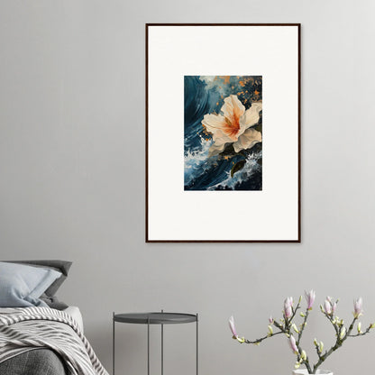 Framed watercolor of a peach flower for elegant room decoration and petal waves vibe