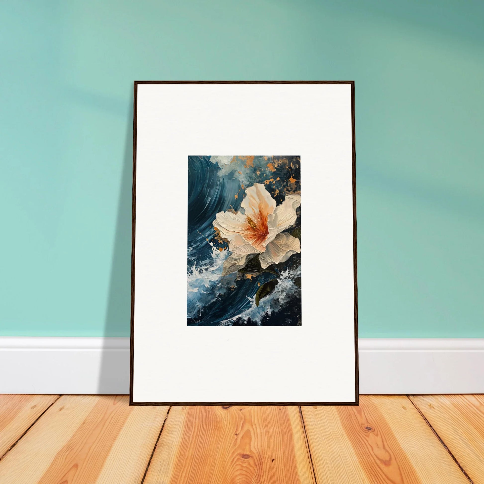 Framed canvas print of petal waves on a dark background, perfect for room decoration