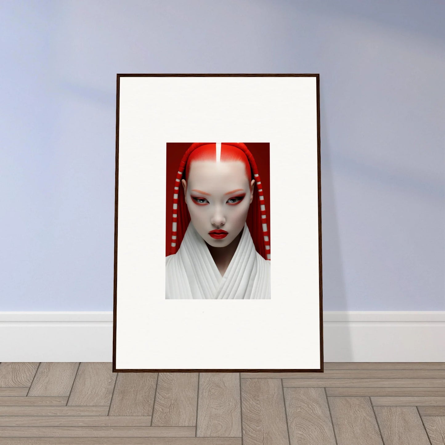 Framed portrait with white makeup and red accents on Pome Artcard Whisper