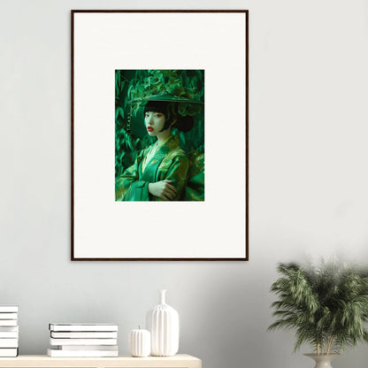 Framed portrait of a person in green tones, perfect for room decoration or as a canvas print from Flora’s Whispering Spectacle