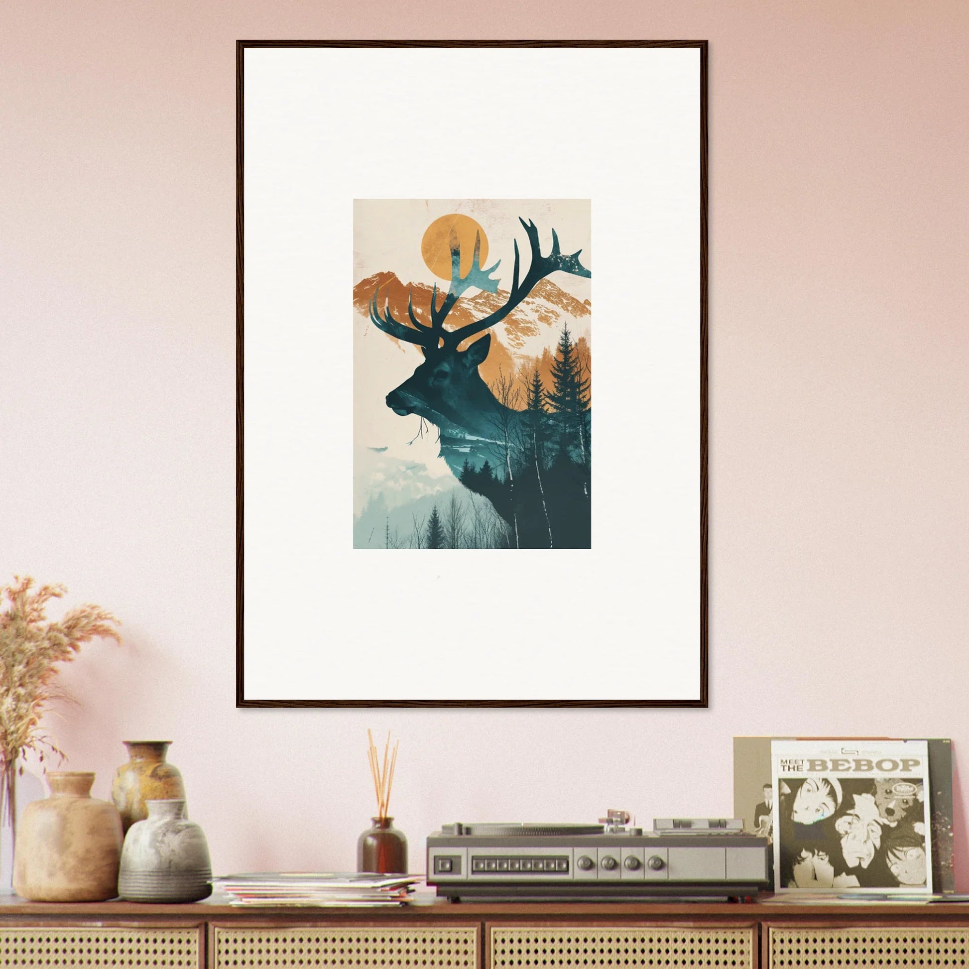 Framed canvas print of a deer silhouette with a forest, perfect for room decoration