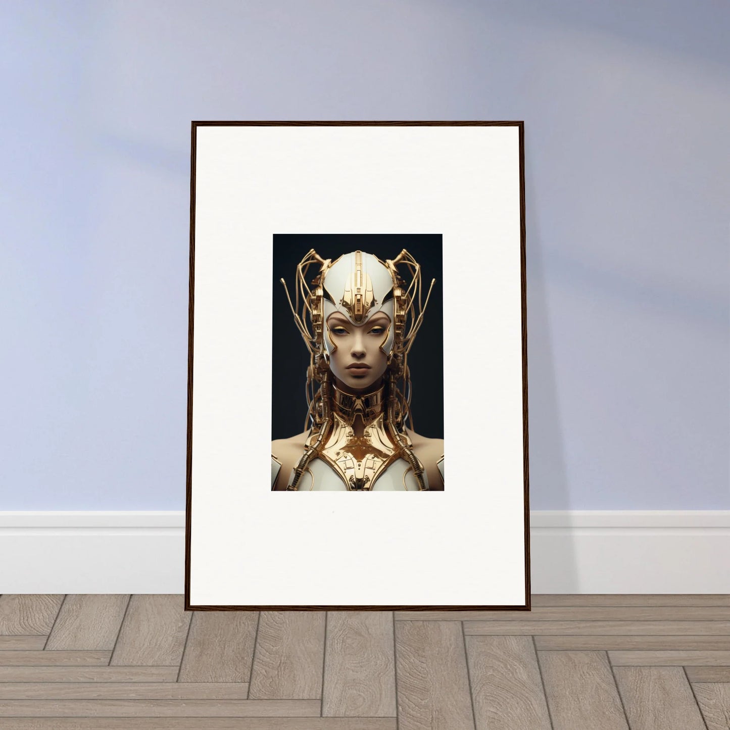 Framed canvas print of Future Echoes Muse featuring a figure in a golden headdress