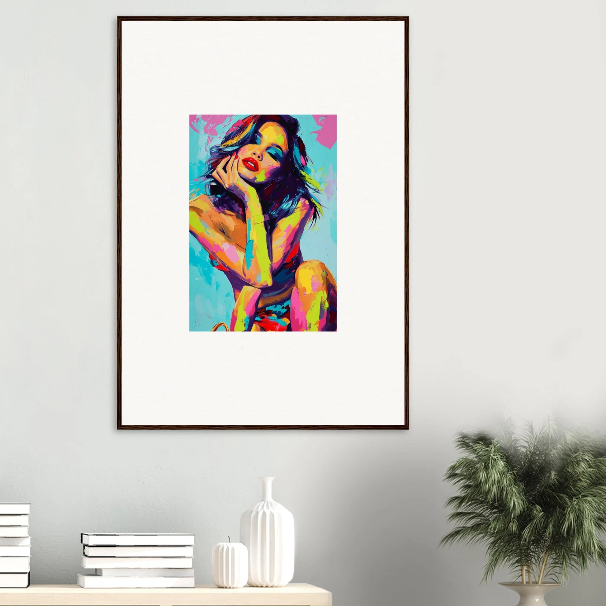 Colorful canvas print of a woman as a daydream muse for trendy room decoration