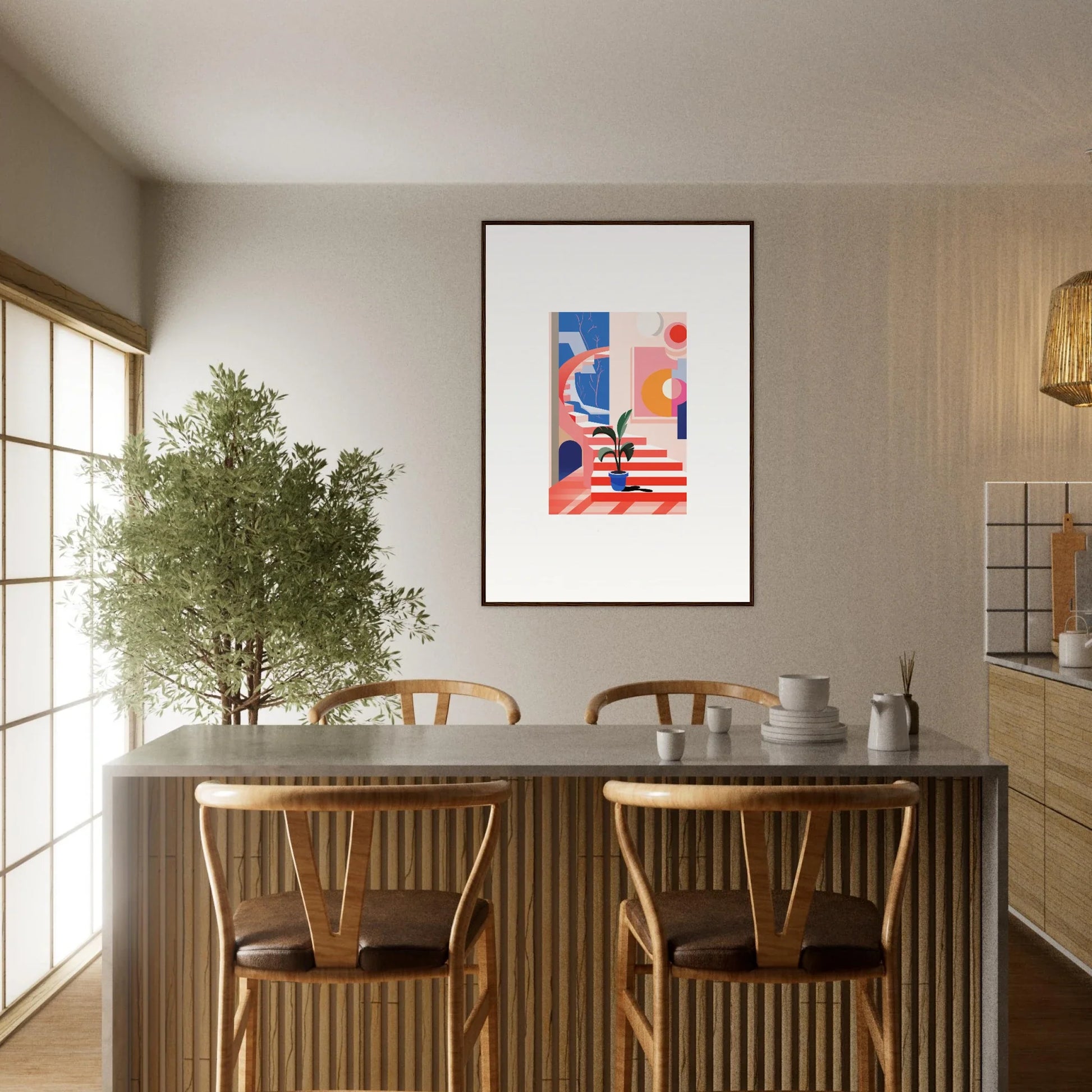 Dining table with wooden chairs and a potted tree for stylish room decoration