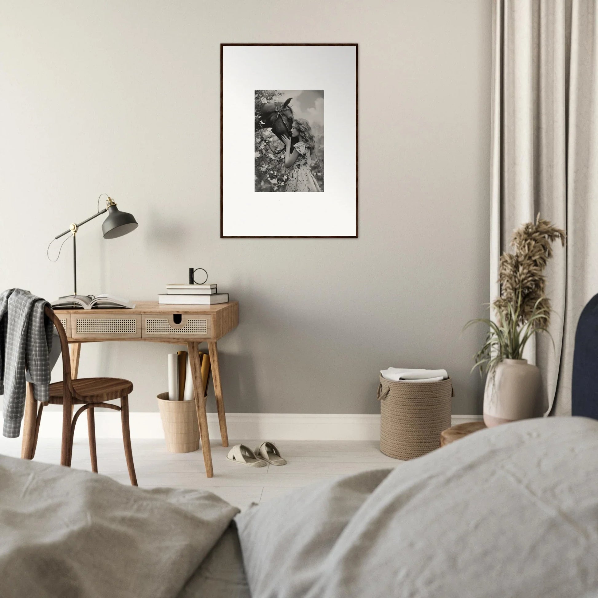 Framed black and white wolf photo as a stylish room decoration for your Whisper Spell vibe