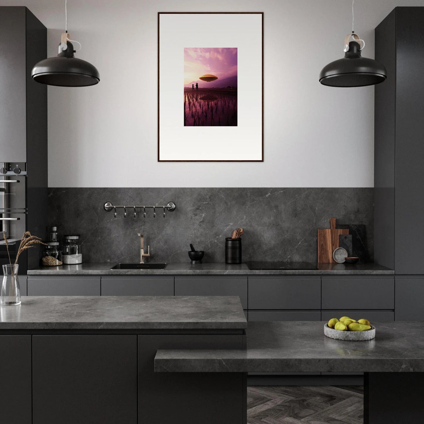 Modern dark gray kitchen with sleek cabinetry and Violet Dreaming canvas print