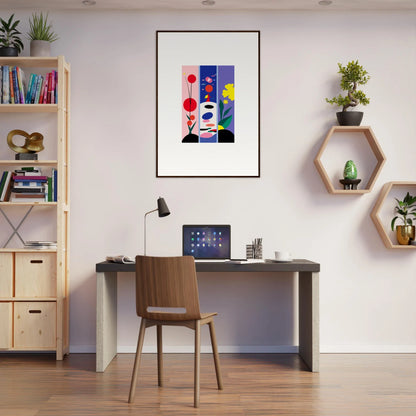 Modern home office setup featuring Huescape Bloom canvas print and stylish decor