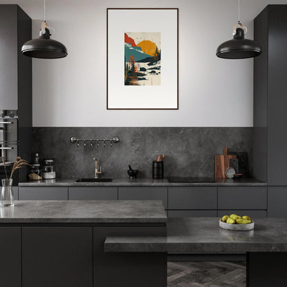 Modern kitchen with dark cabinets and concrete countertops, perfect for Trembling Skylines canvas print