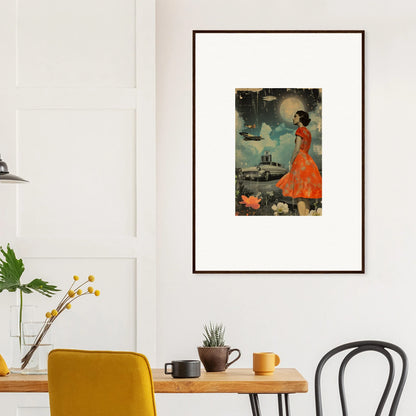 Framed canvas print of a woman in an orange dress by water for retro bloom room decoration