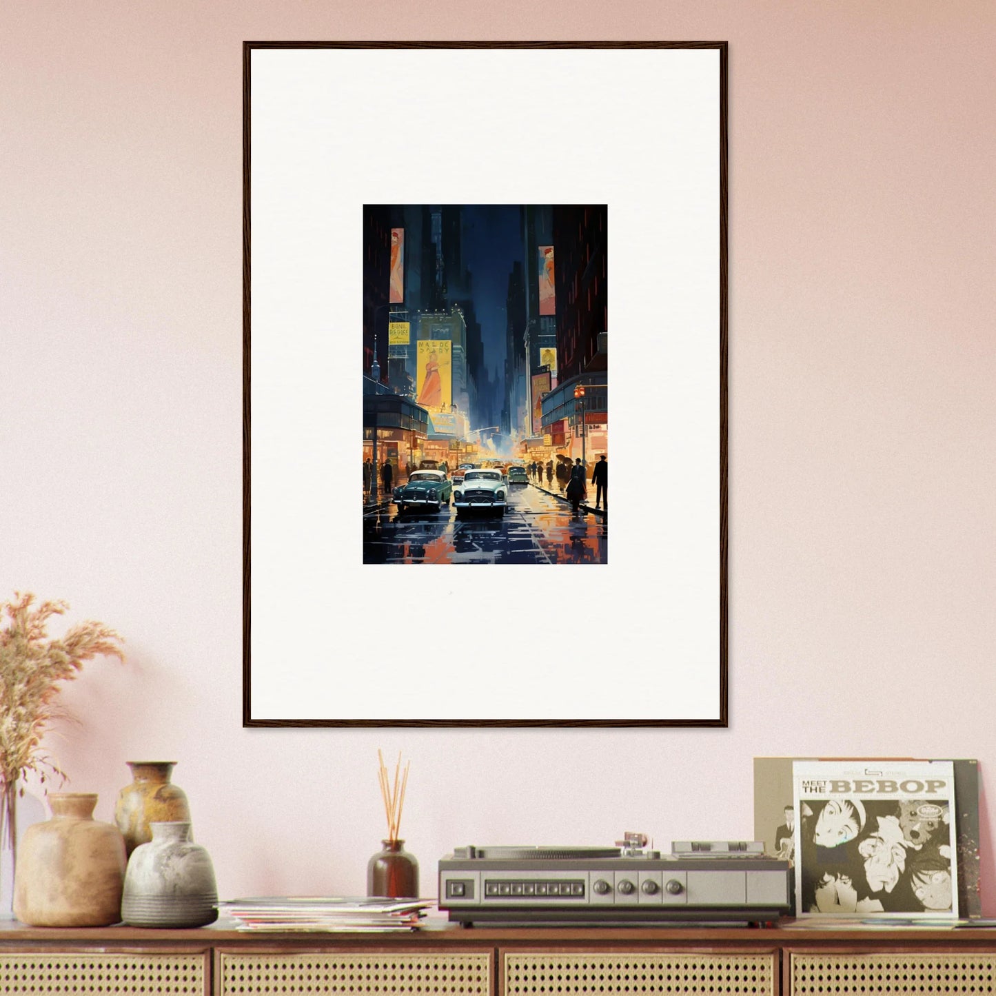 Framed canvas print of a rainy city street at night, perfect for room decoration