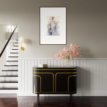 Elegant black sideboard with gold trim perfect for room decoration and Blossom Serenade theme