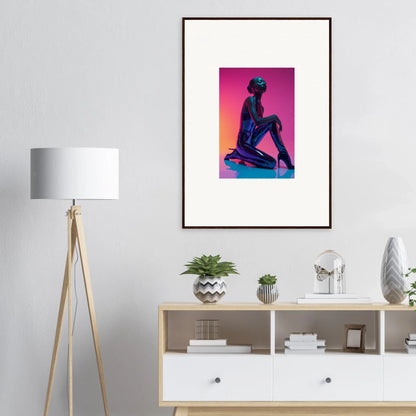 Framed Neon Vortex Wonder canvas print of a blue figure on a pink background for room decoration