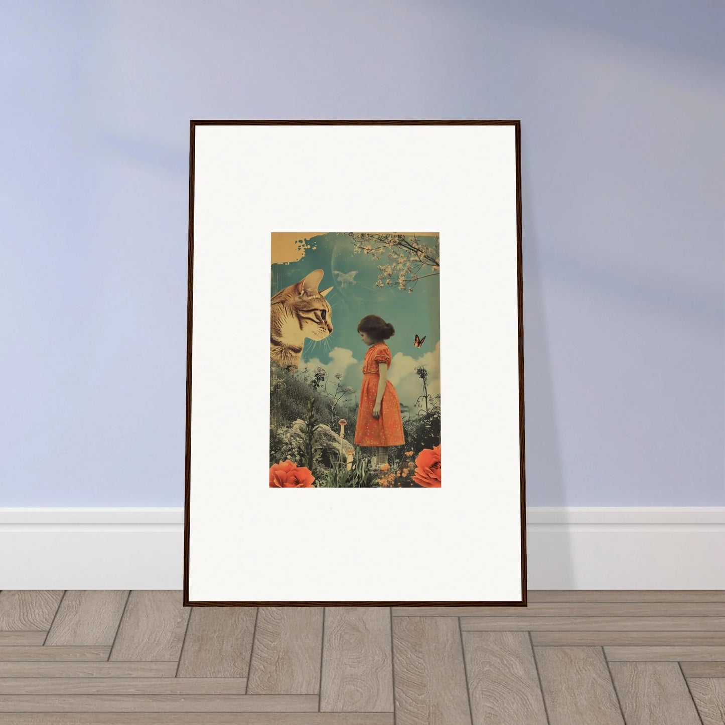 Surreal canvas print of Feline Daydream Whisperannels with a figure in an orange dress