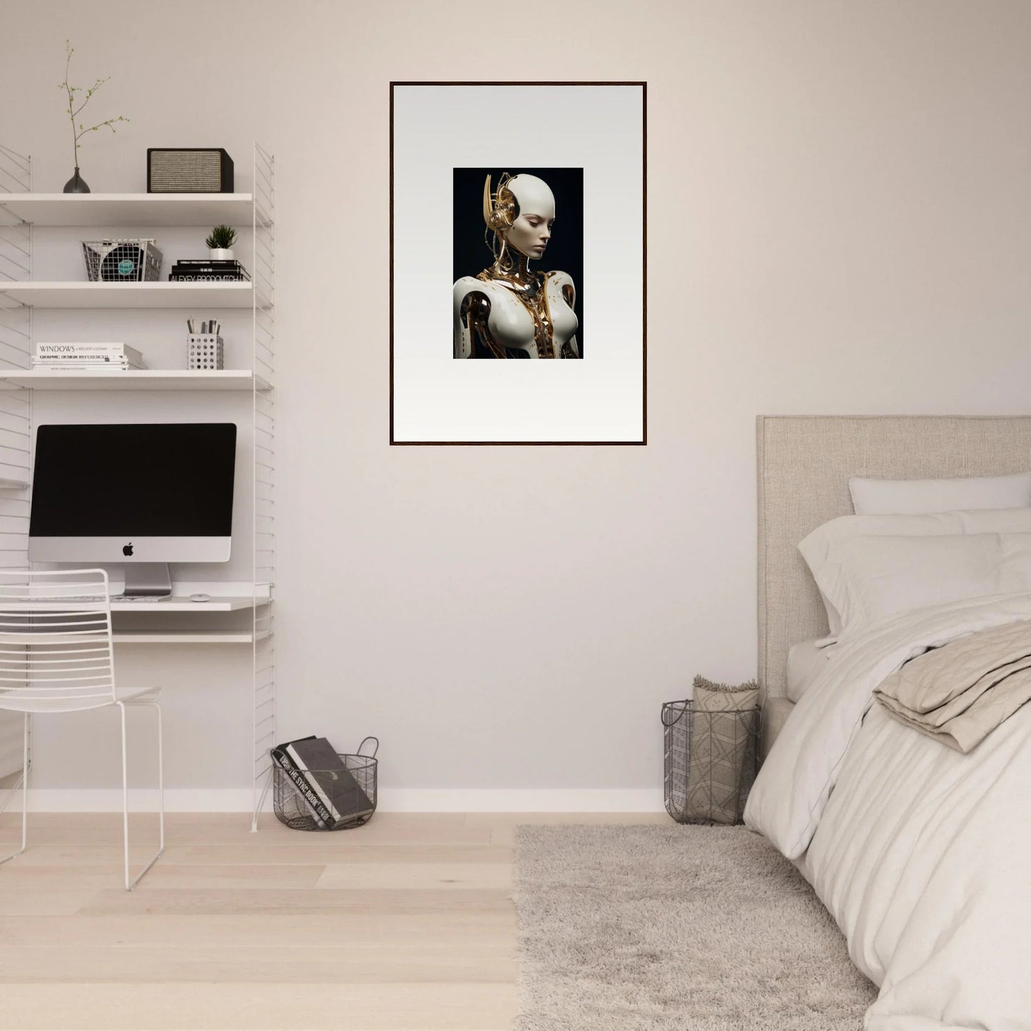 Framed humanoid robot portrait as a cool dream machine canvas print for room decoration