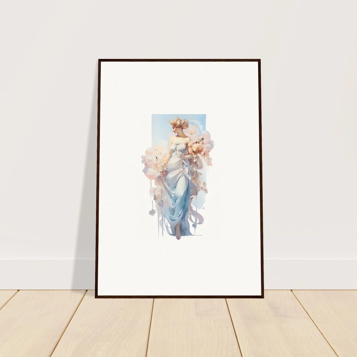 Framed canvas print of a feminine figure in blue, perfect for room decoration and Bouquet Waltz vibes