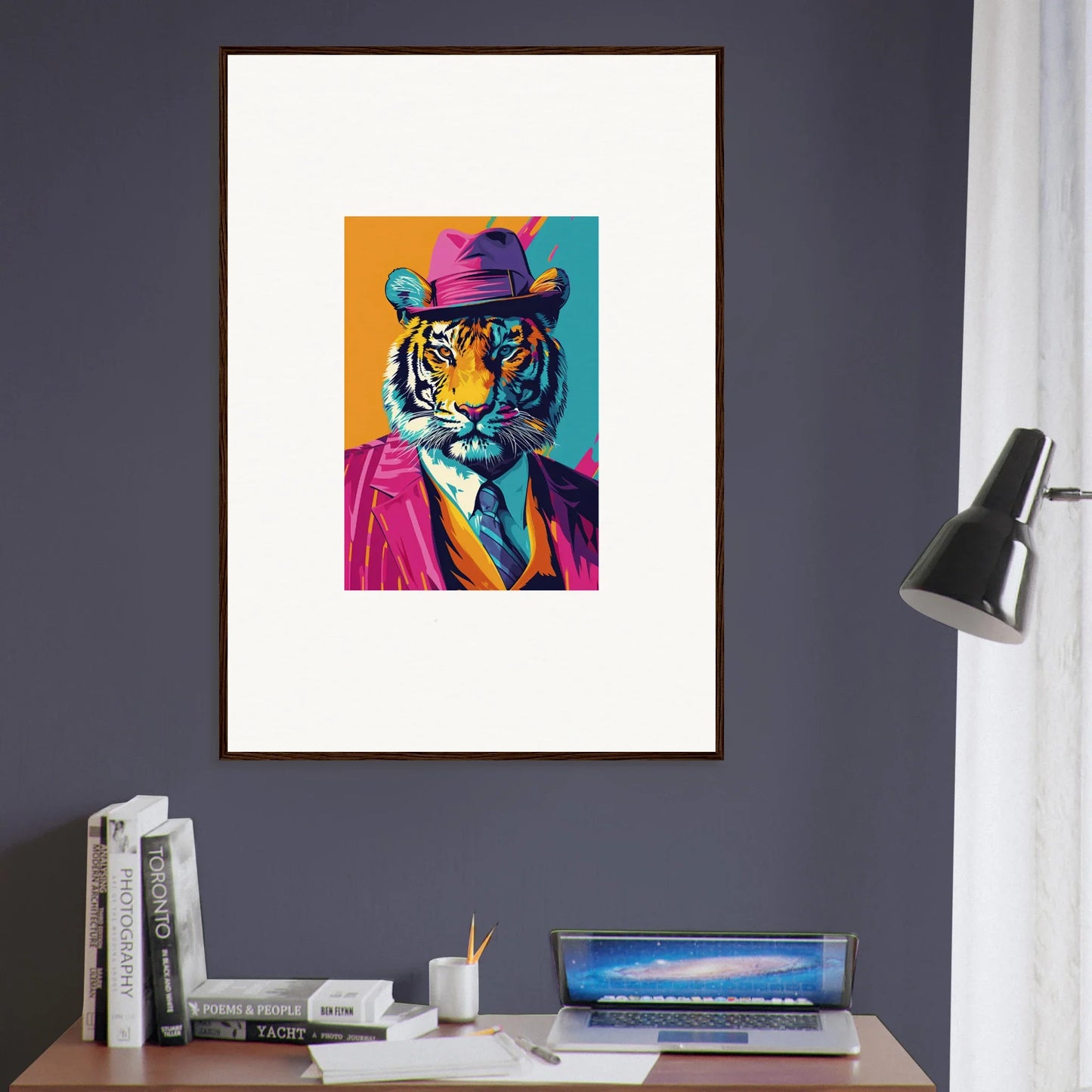 Colorful pop art tiger portrait in hat and suit jacket for stylish room decoration