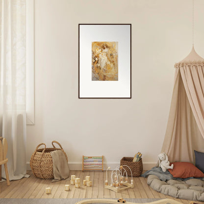 Framed canvas print of an ethereal symphony figure in soft golden tones for room decoration