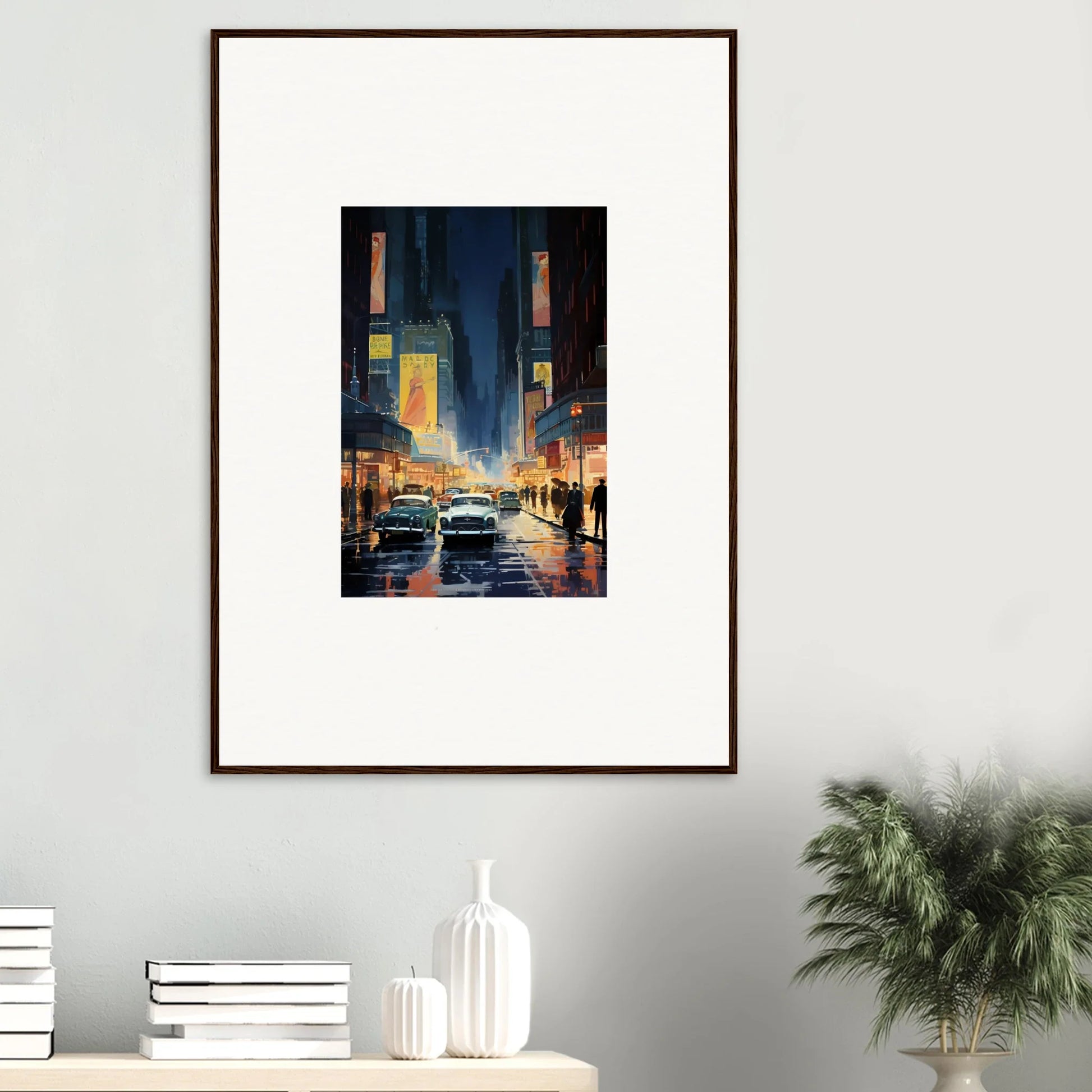 Framed canvas print of a rainy city night, perfect for stylish room decoration