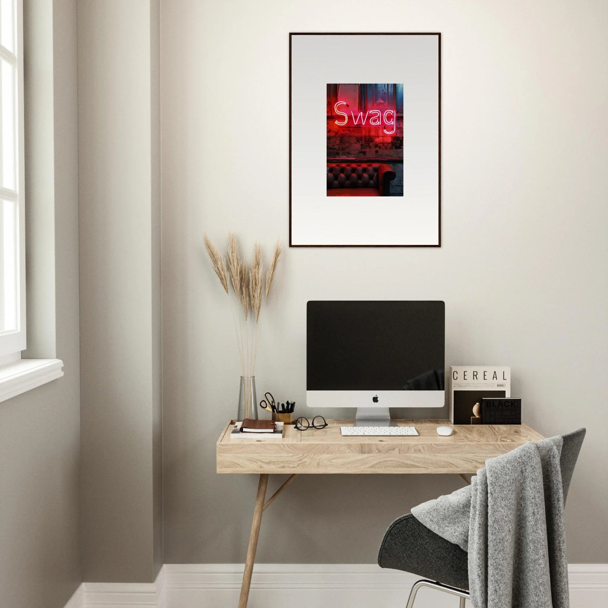 Framed wall art featuring red neon Swag lettering for cool room decoration