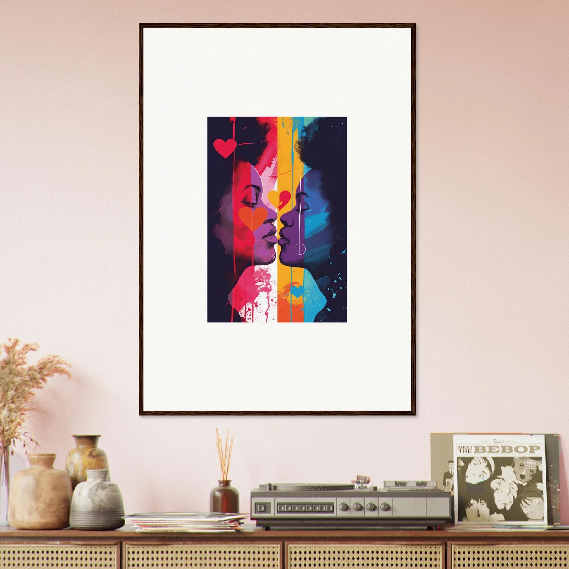 Colorful abstract portrait of two faces about to kiss for heartwave reflection room decoration