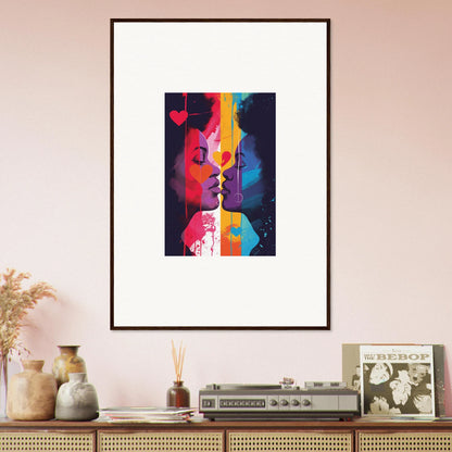 Colorful abstract portrait of two faces about to kiss for heartwave reflection room decoration