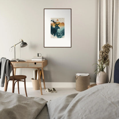 Framed canvas print of a deer silhouette in Stag Haze for stylish room decoration