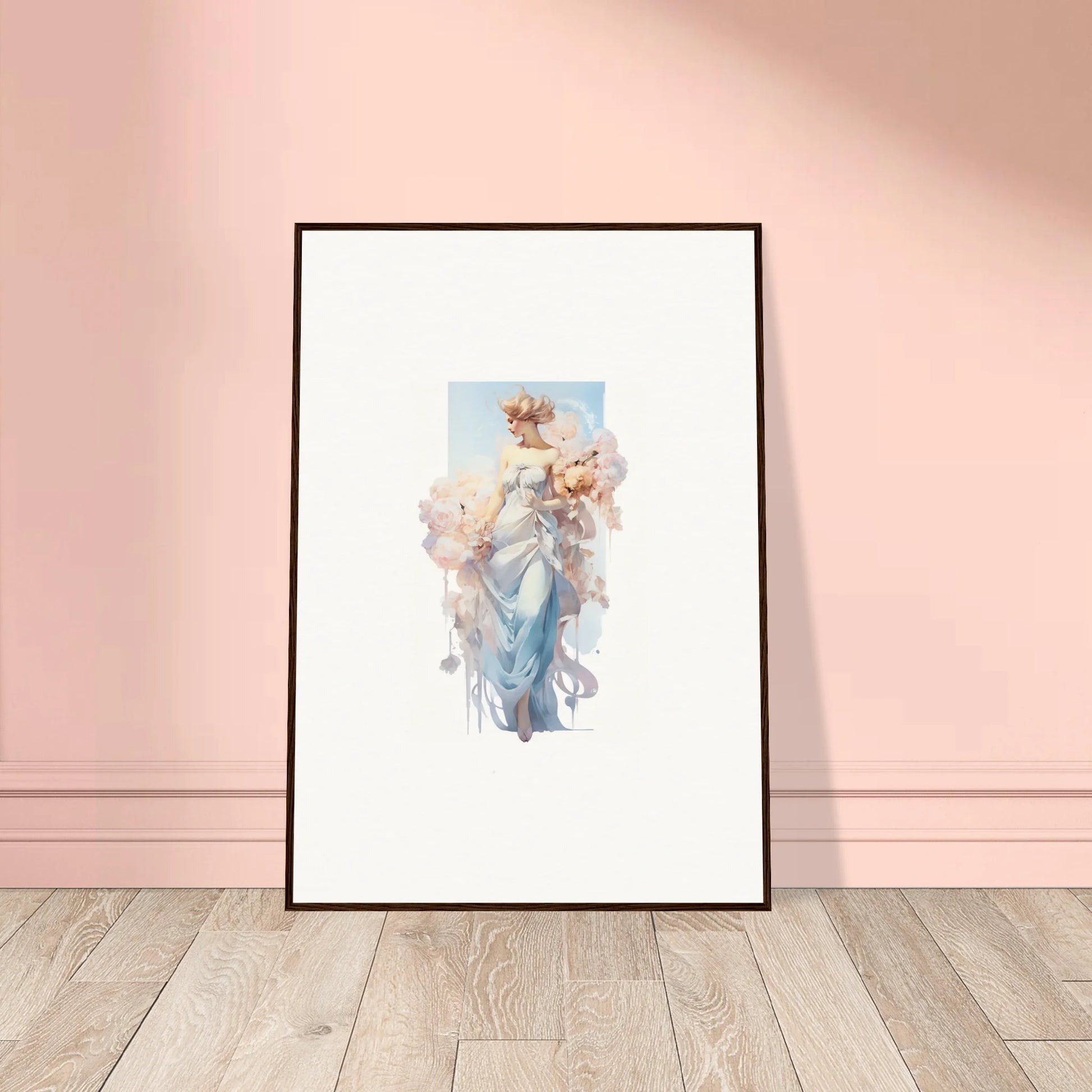 Framed canvas print of a flowing blue figure for your Ethereal Bouquet Waltz room decoration