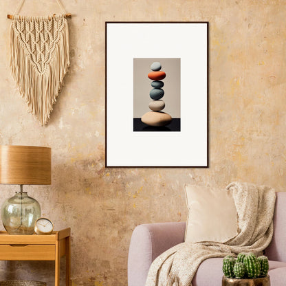 Framed canvas print of balanced stones with a red stone, perfect for Moroccan Dreams Remember decor