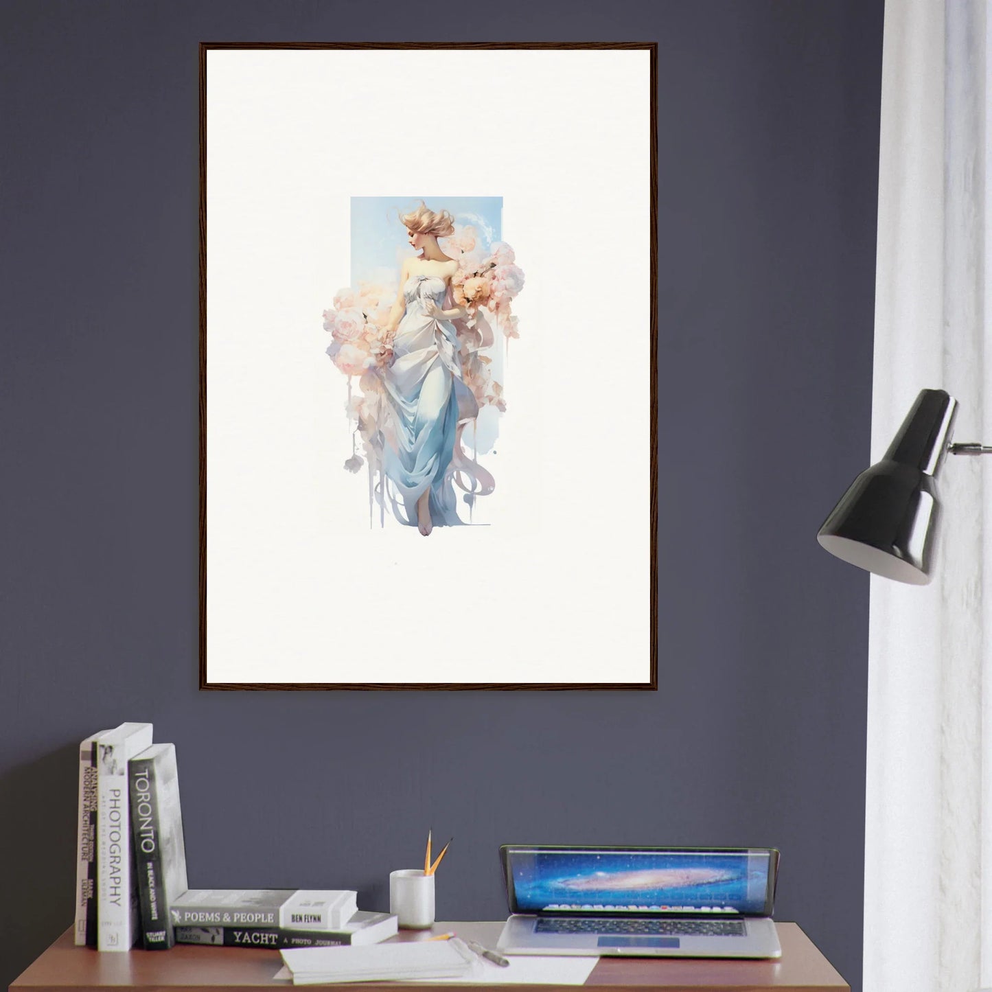 Framed watercolor art of a figure in blue dress for stylish room decoration, Bouquet Waltz