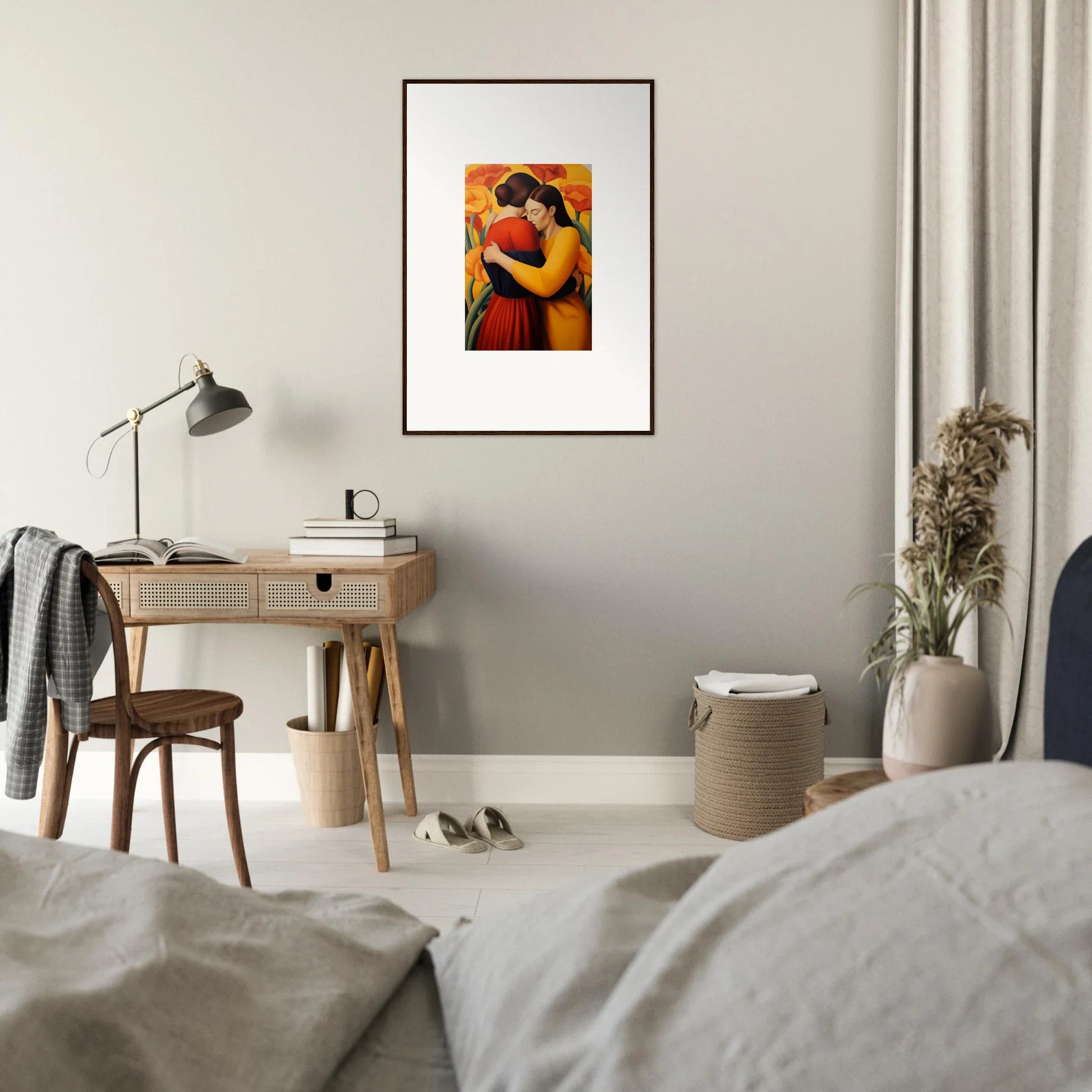 Framed canvas print of two figures embracing, perfect for floral fondness room decoration