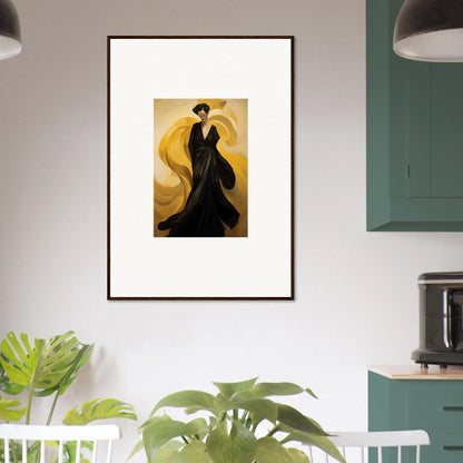 Framed canvas print of a figure in a black dress against golden sun waves for room decoration