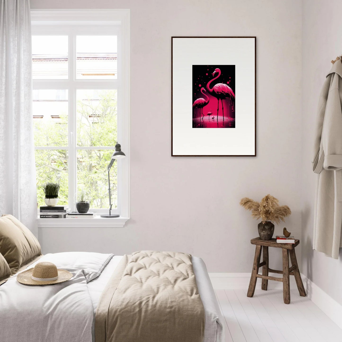 Framed canvas print of pink flamingos for vibrant room decoration by Feather Wanderers