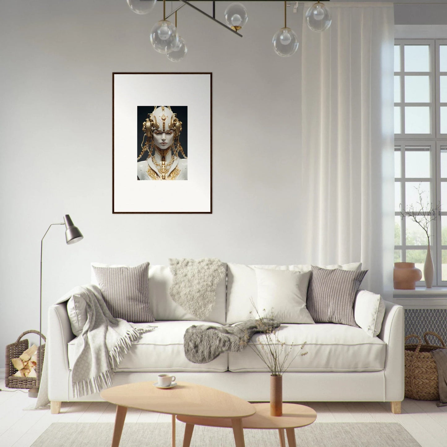 Cozy white sofa with gray and cream pillows for stylish room decoration in Flux Radiance