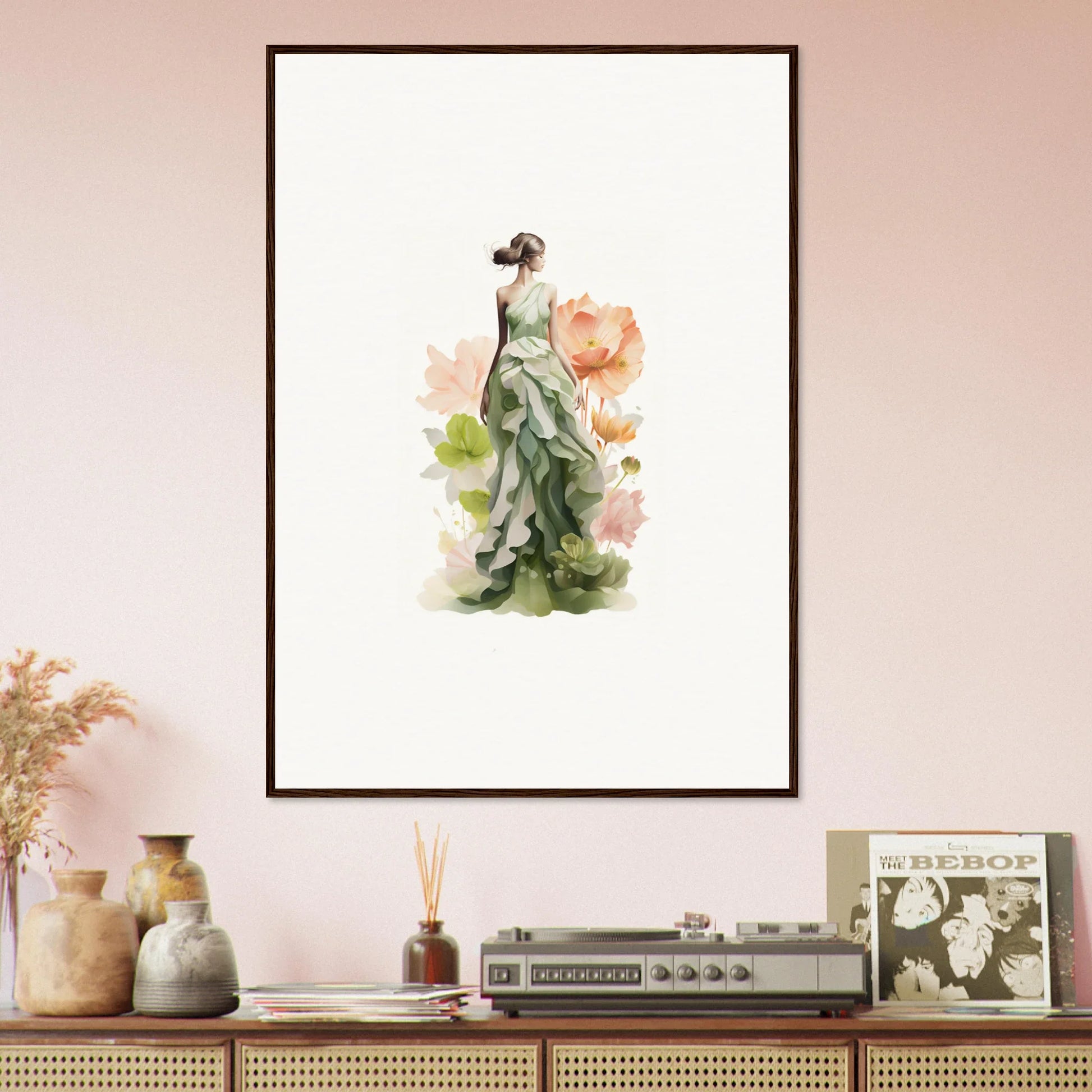 Watercolor woman in a green dress perfect for a spring symphony canvas print