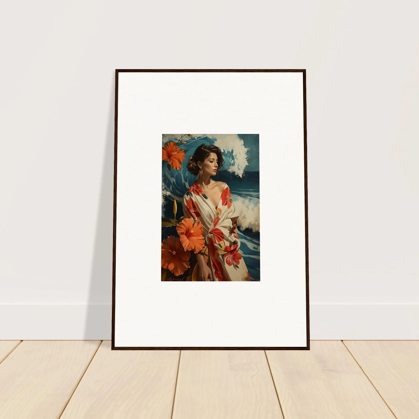 Framed canvas print of a woman in a white dress, perfect for room decoration with Musing Cascade vibe