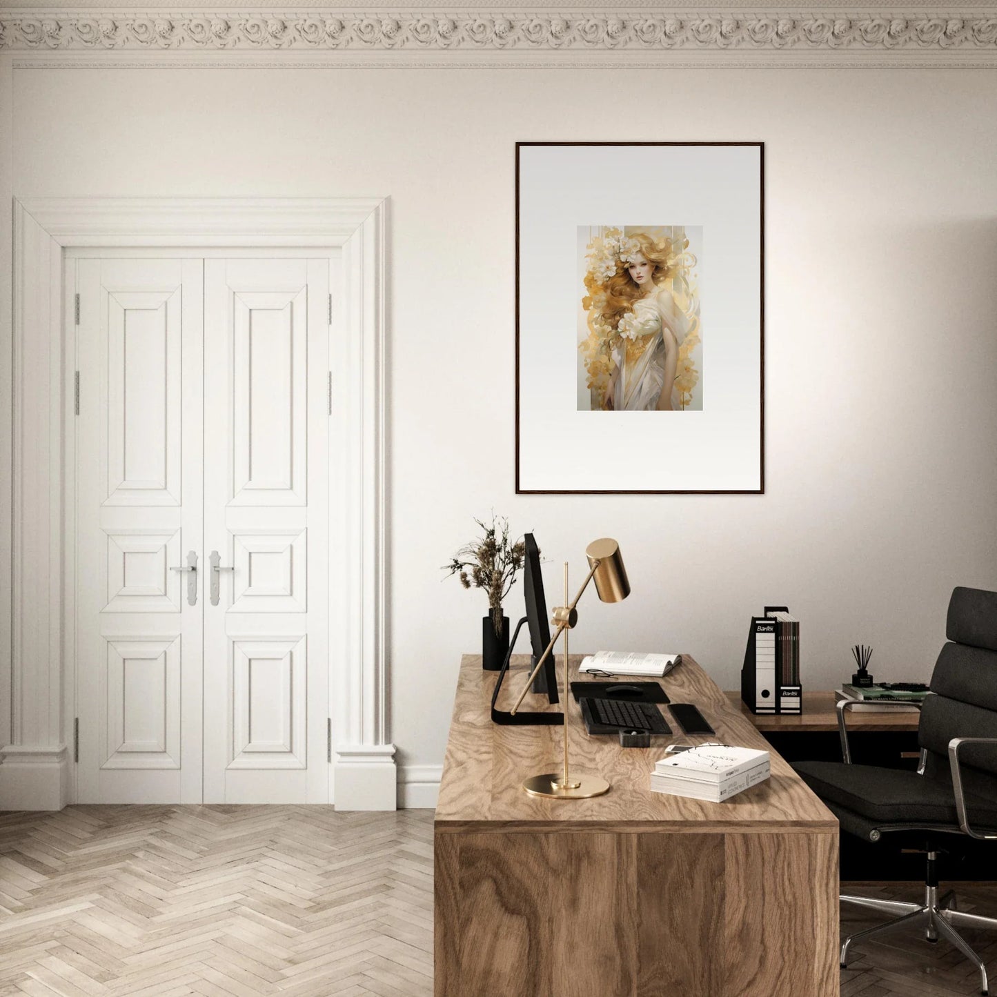 Elegant home office with wooden desk, framed wall art, and Ethereal Flora Serenade decor