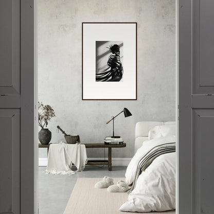 Framed black and white canvas print of flowing hair, perfect for room decoration with Whisper Twists