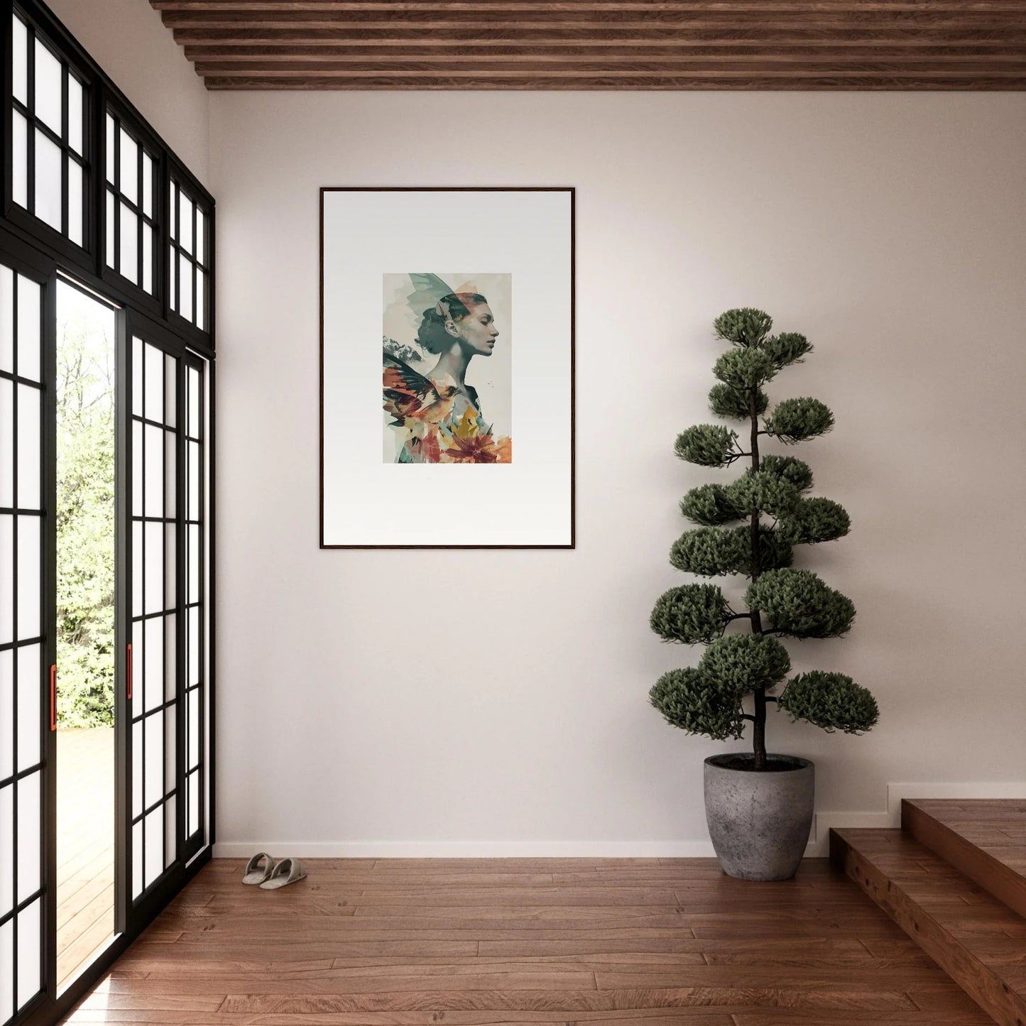 Framed abstract art from Reverie Blossom brightening up a white wall for room decoration