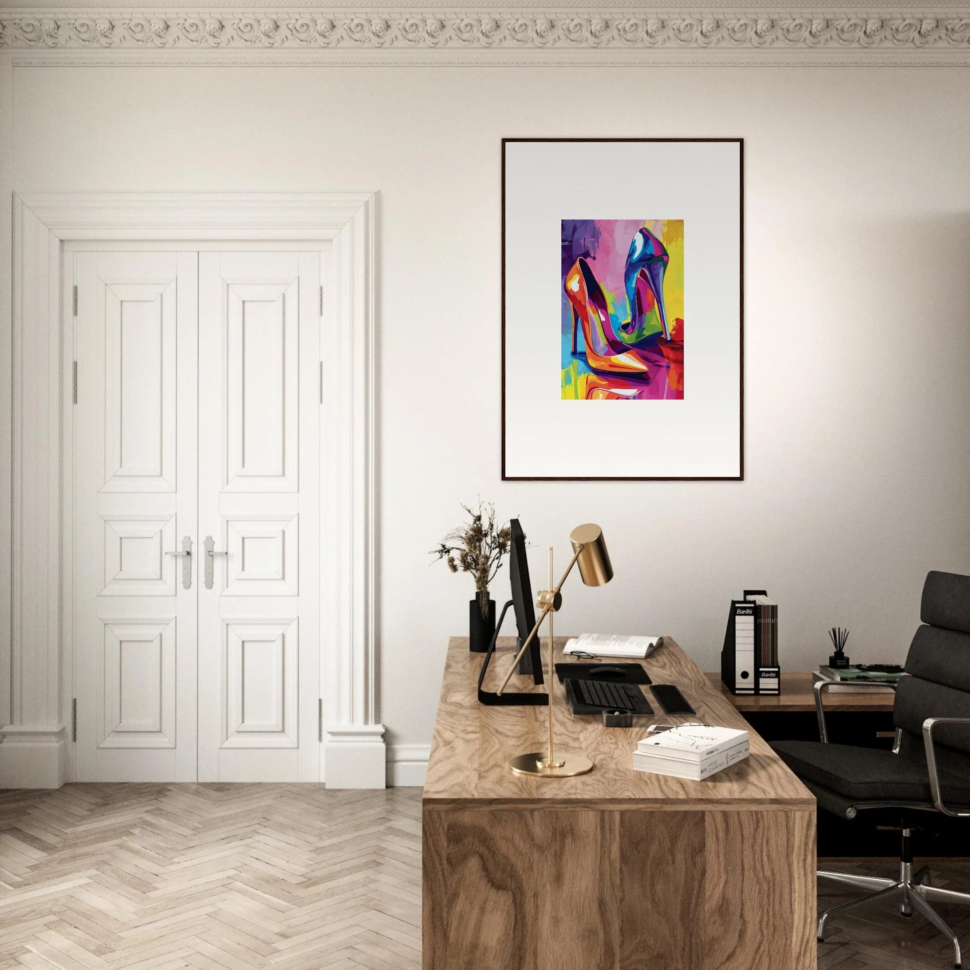 Elegant home office with wooden desk and colorful canvas print wall art decor