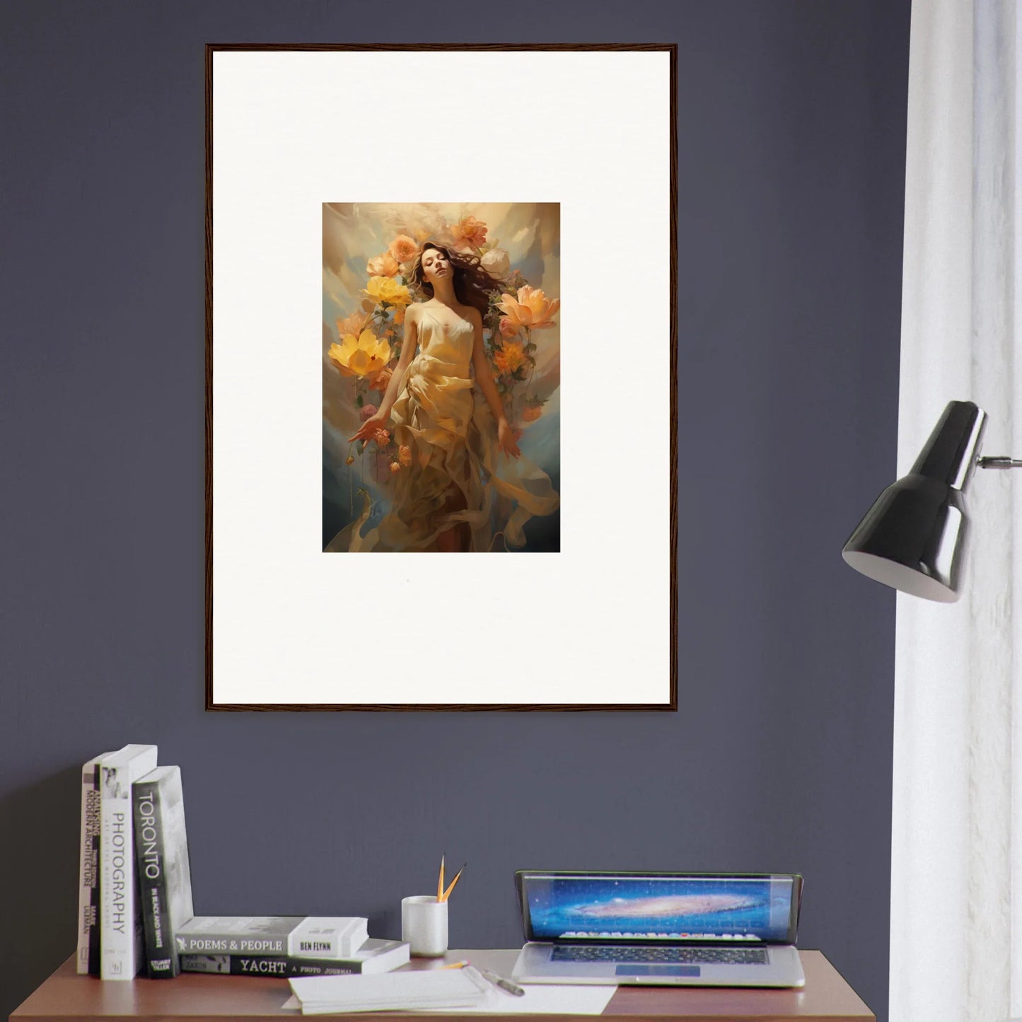 Framed canvas print of a woman with autumn leaves, perfect for blossom odyssey room decoration