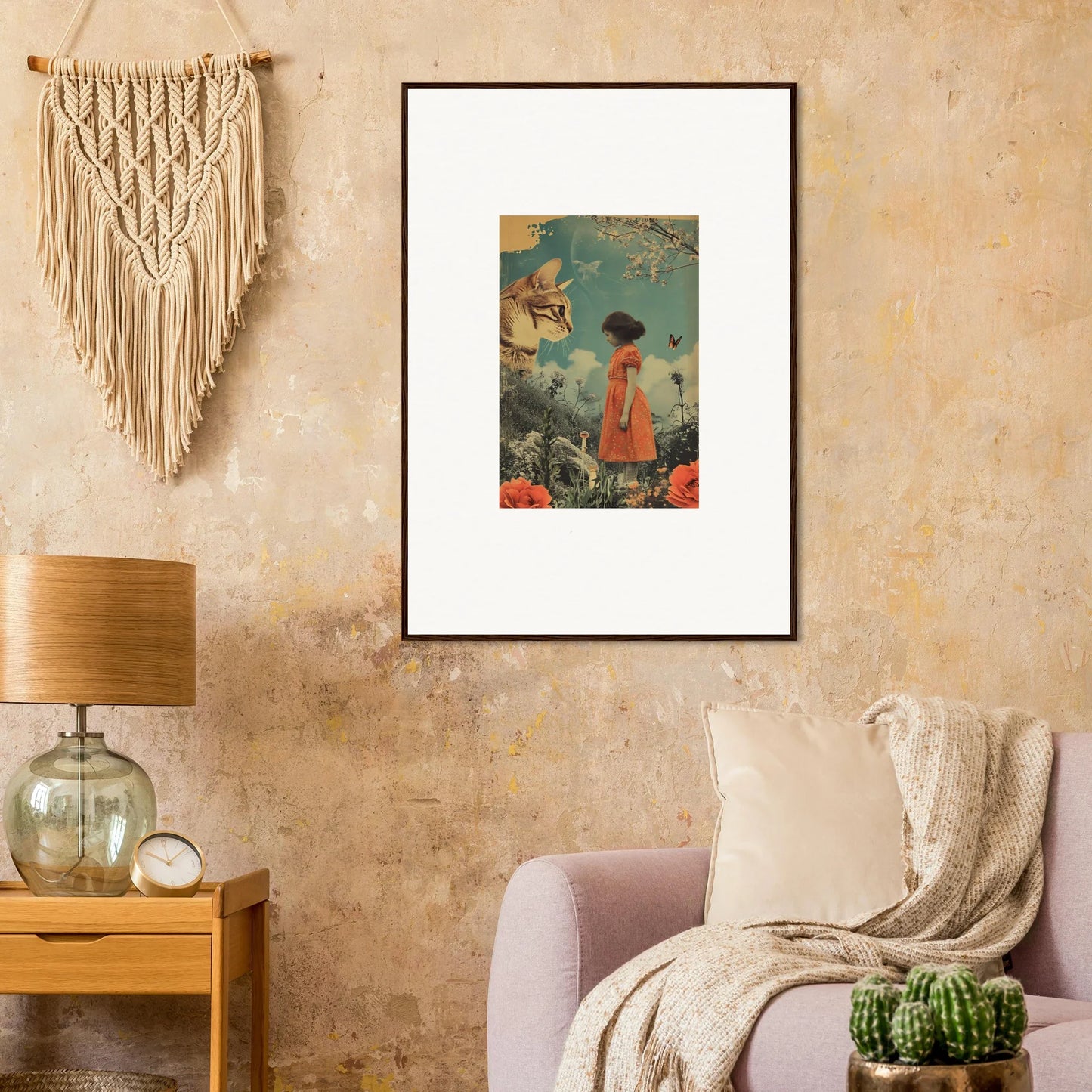 Framed artwork of a whimsical figure in nature, perfect for Feline Daydream Whisperannels room decoration