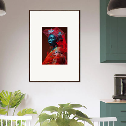 Framed canvas print of a blue-skinned figure, perfect for velvet botanicals room decoration