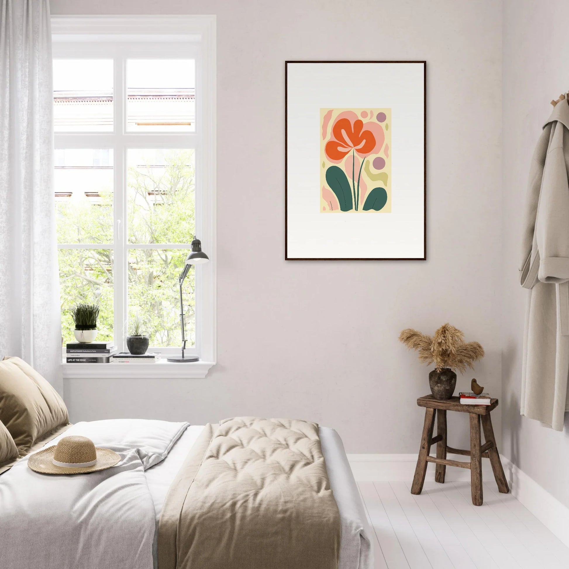 Framed abstract floral canvas print featuring echoes whimsy with orange flower and green leaves