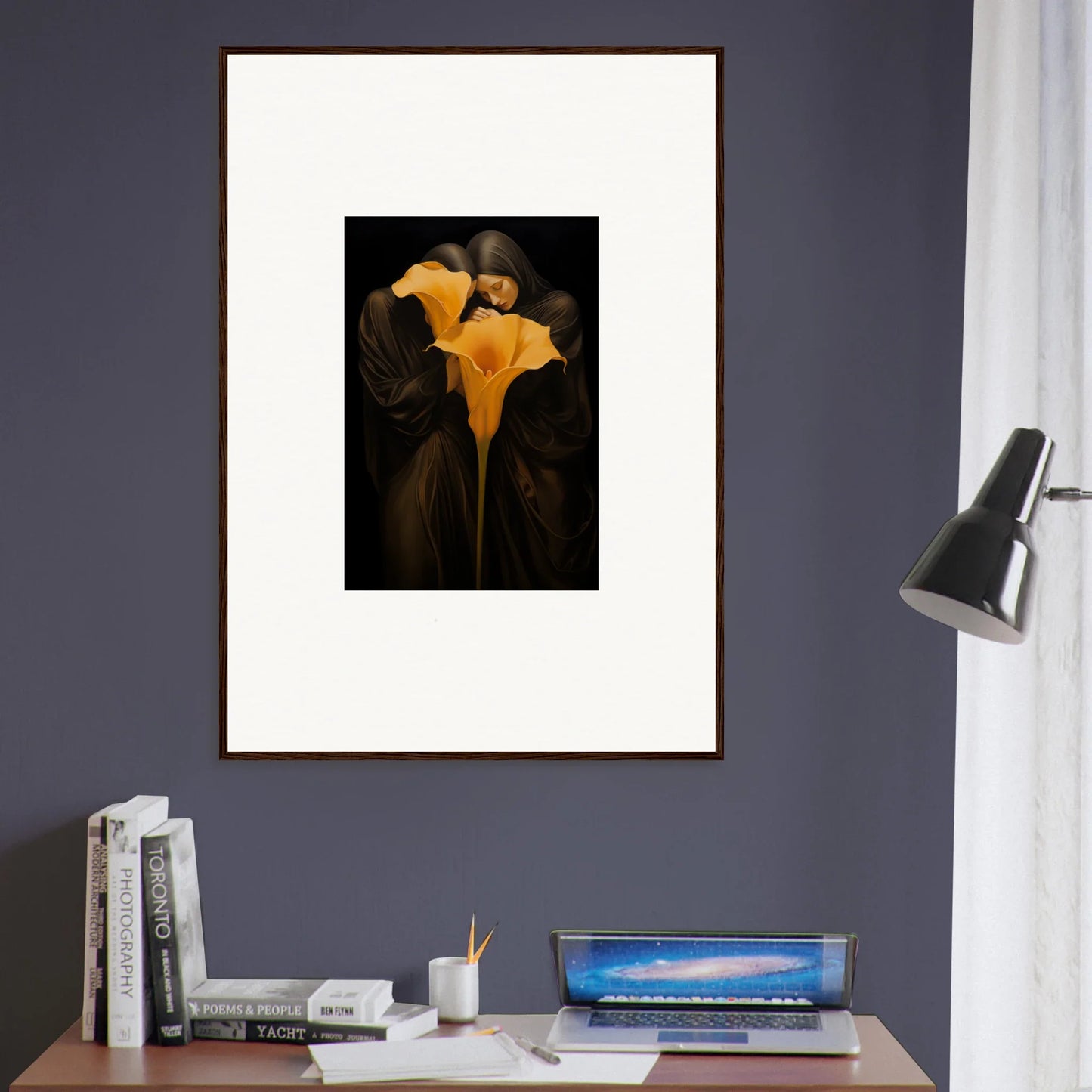 Framed canvas print of yellow calla lilies for room decoration in a bloom couple theme