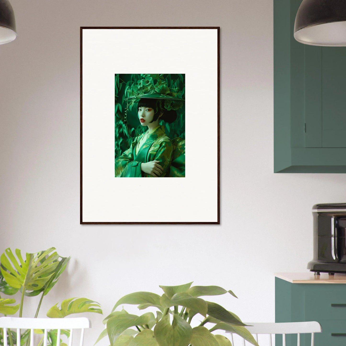 Framed canvas print of a figure in green attire for a stylish room decoration