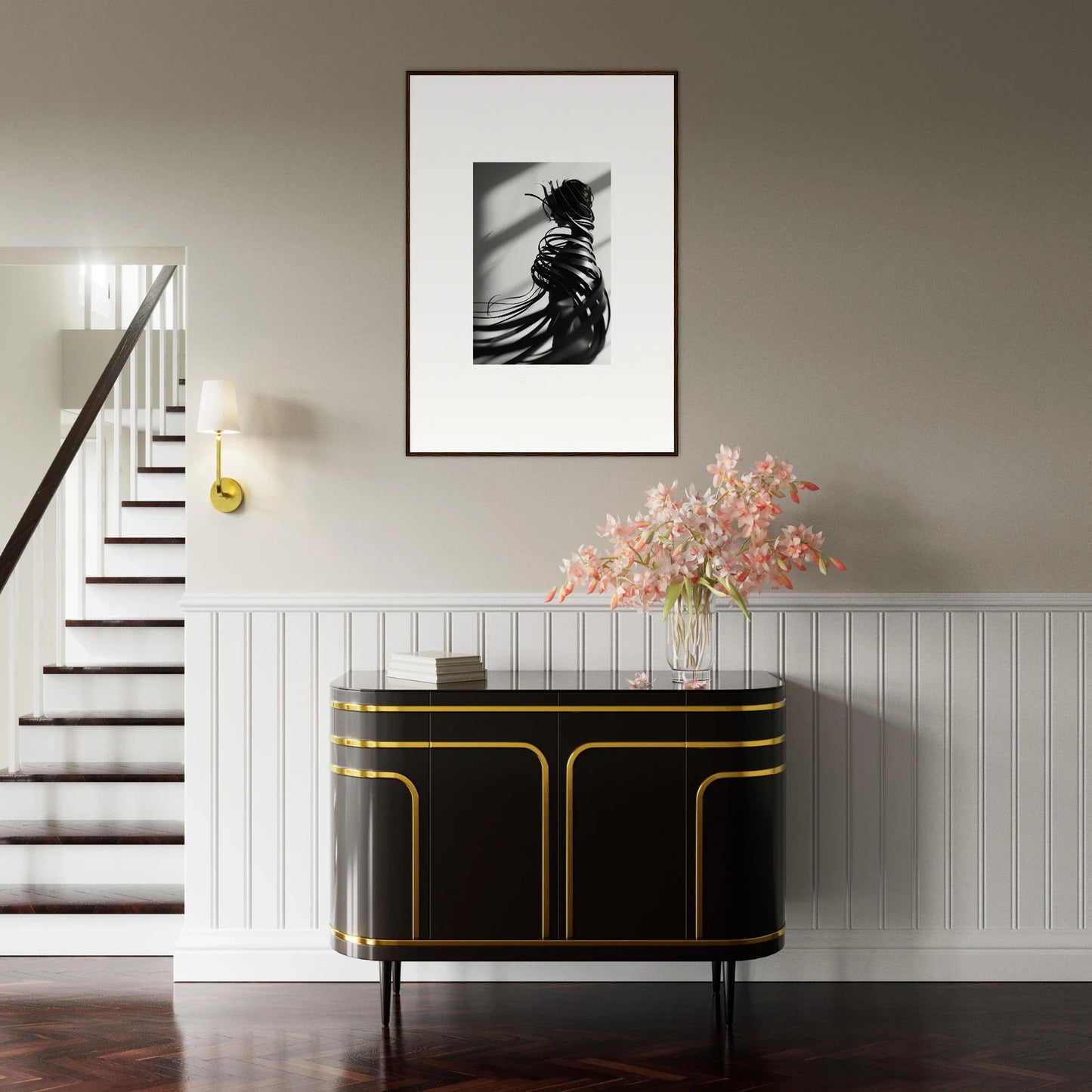 Elegant black and gold sideboard enhances room decoration with whisper twists style