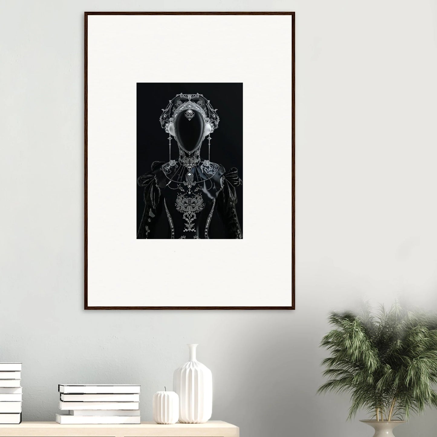 Framed black and white canvas print of abstract skeletal figure, perfect for room decoration